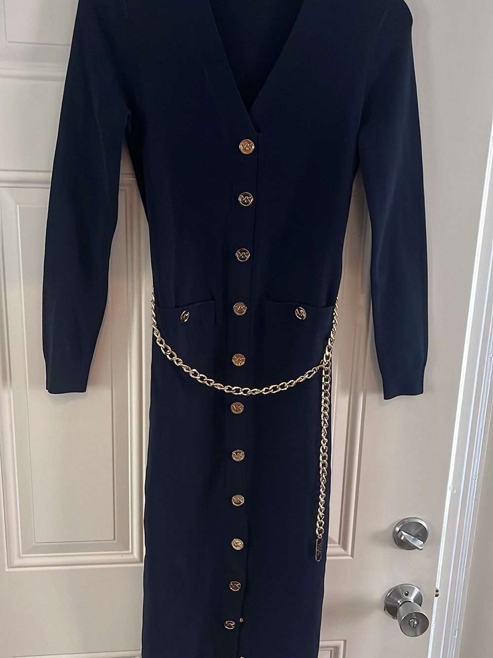 Michael Kors Navy Long-Sleeve Button Front Dress with Gold Chain